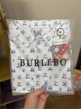 BURLEBO YOUTH M 8 White Polo with Blue Golf Cart & Orange Flag Print